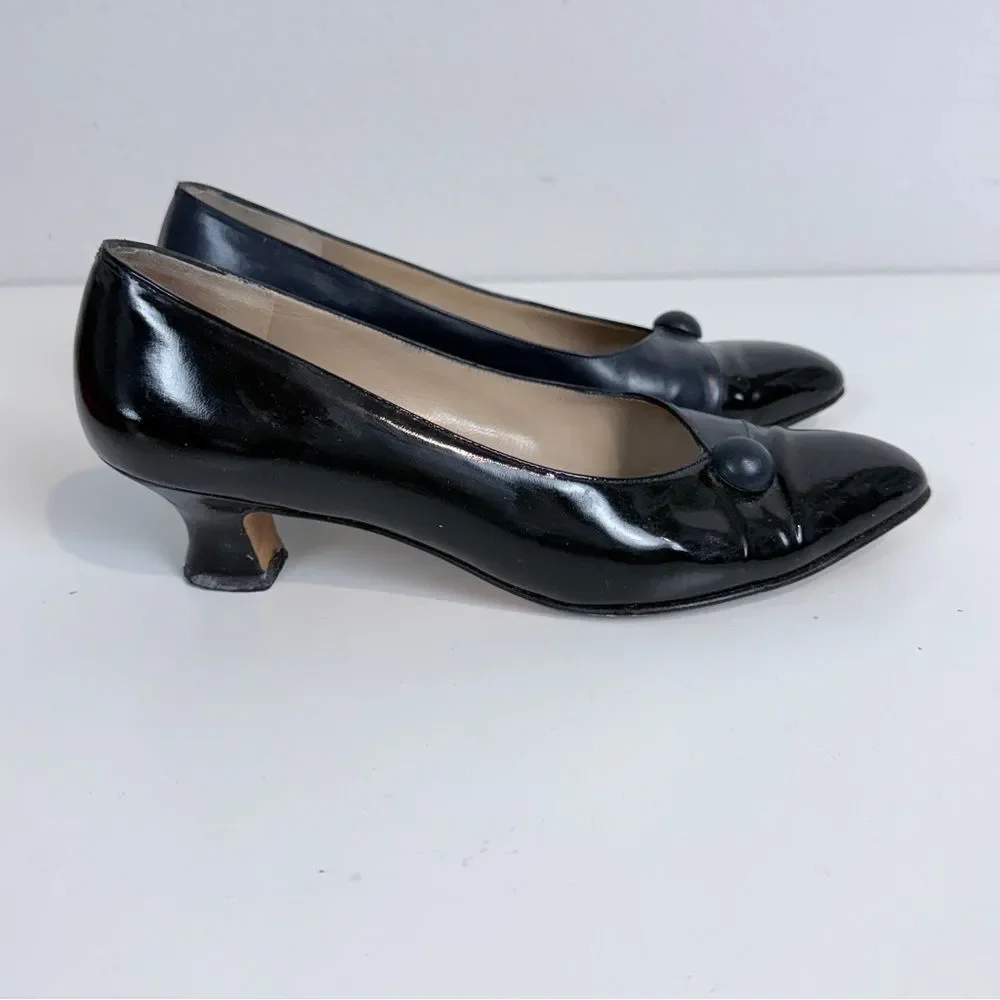 Salvatore Ferragamo Vintage Navy Black Patent Leather Kitten Heels 6.5 IOB